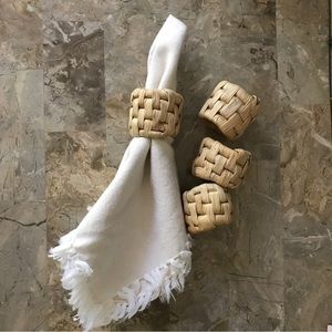 Set of 4 Natural Woven Rattan Raffia Napkin Rings * Bonus 4 Ivory Napkins‎